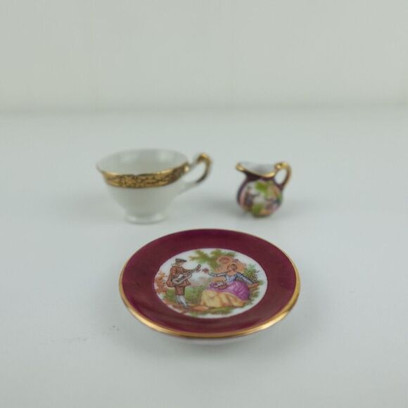 Miniature Plate, Cup and Pitcher Burgundy and Gold Victorian Style - Picture 1 of 7